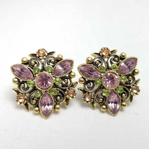 Vintage Avon Pink Green Rhinestone Clip On Earrings, Scroll Design, Estate - Picture 8 of 8